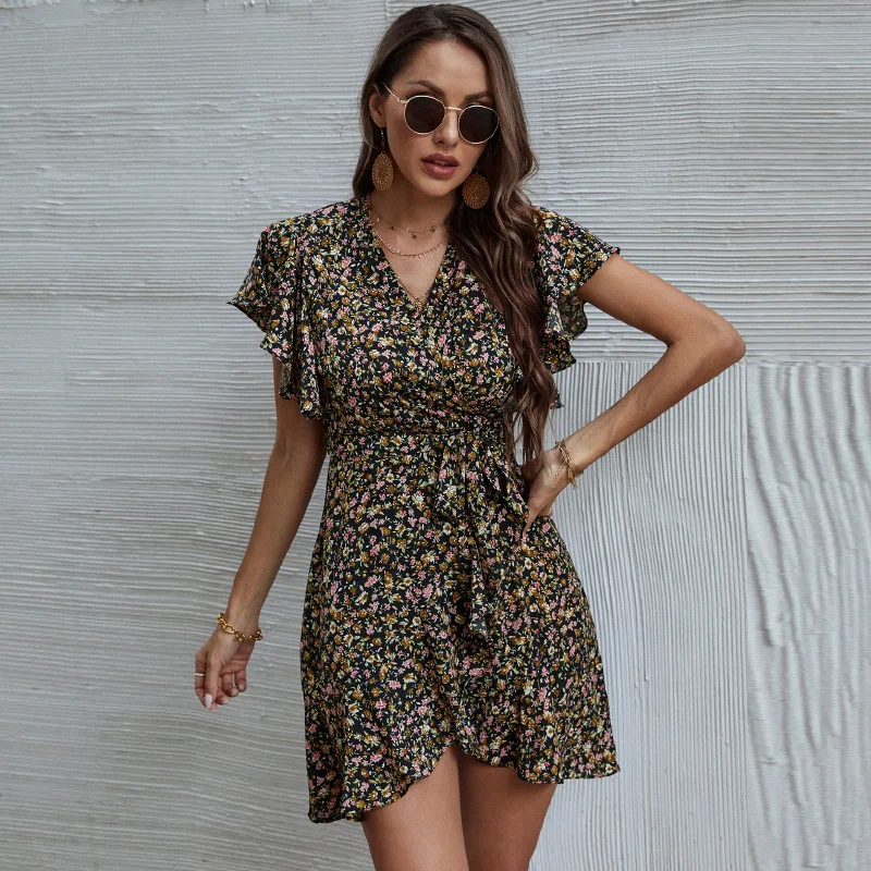 

Women Printed V-neck Dress Ruffled Belt Wrapped A-line Dresses Casual Loose Party Summer Dress Short Sleeve Beach Vestido Mujer