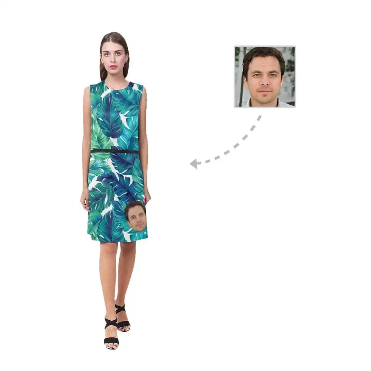 

Женское платье без рукавов с голубым листьем и юбкой до колен