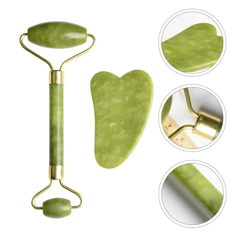 

2Sets Natural Jade Roller Massager Roller Massager Gua Sha Board Gua Sha Tool Face Massage Plate for Salon