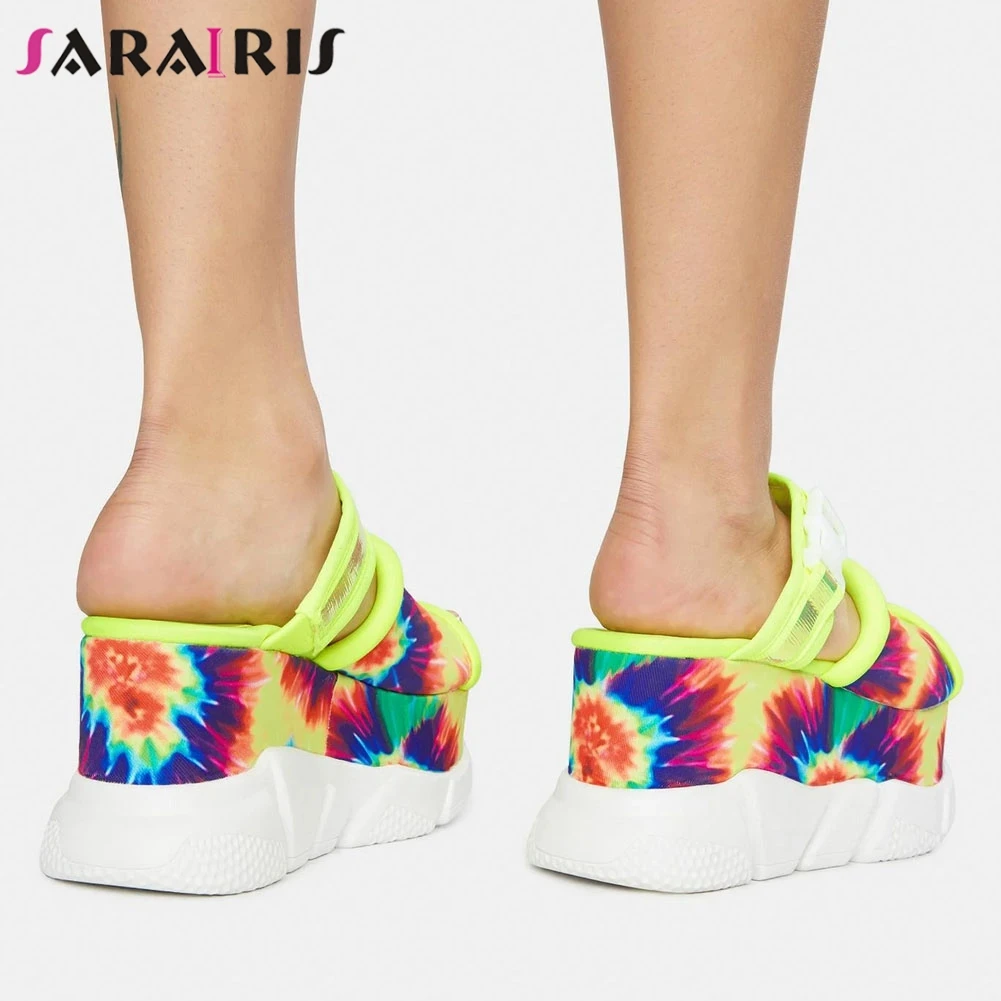 

SaraIris Quality Female Sandals Mixed Color Slip On Wedges Peep Toe Platform women's Sandals 2021 New Arrival Trendy Shoes Woman
