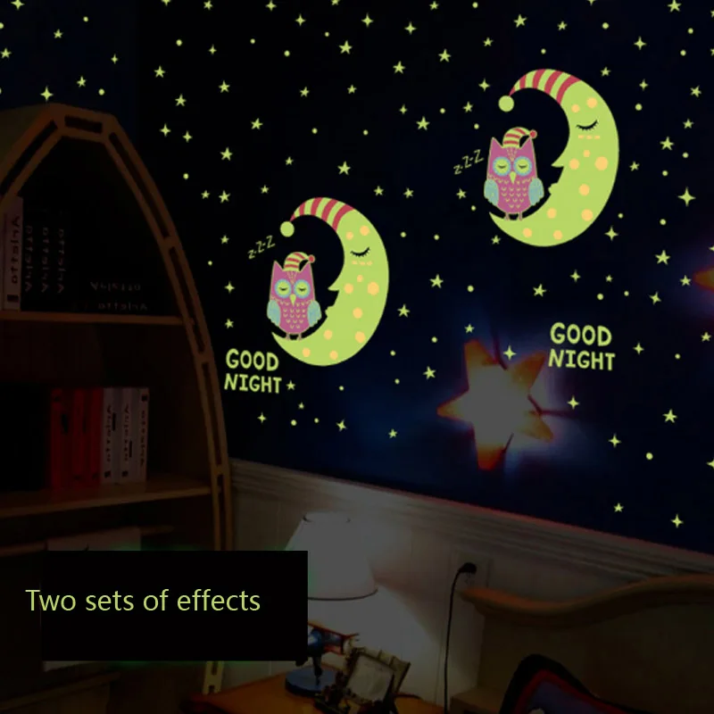 

Luminous Owl Moon Stars Wall Sticker Kids Room Bedroom Home Decorative Stickers Fluorescent Door Stickers