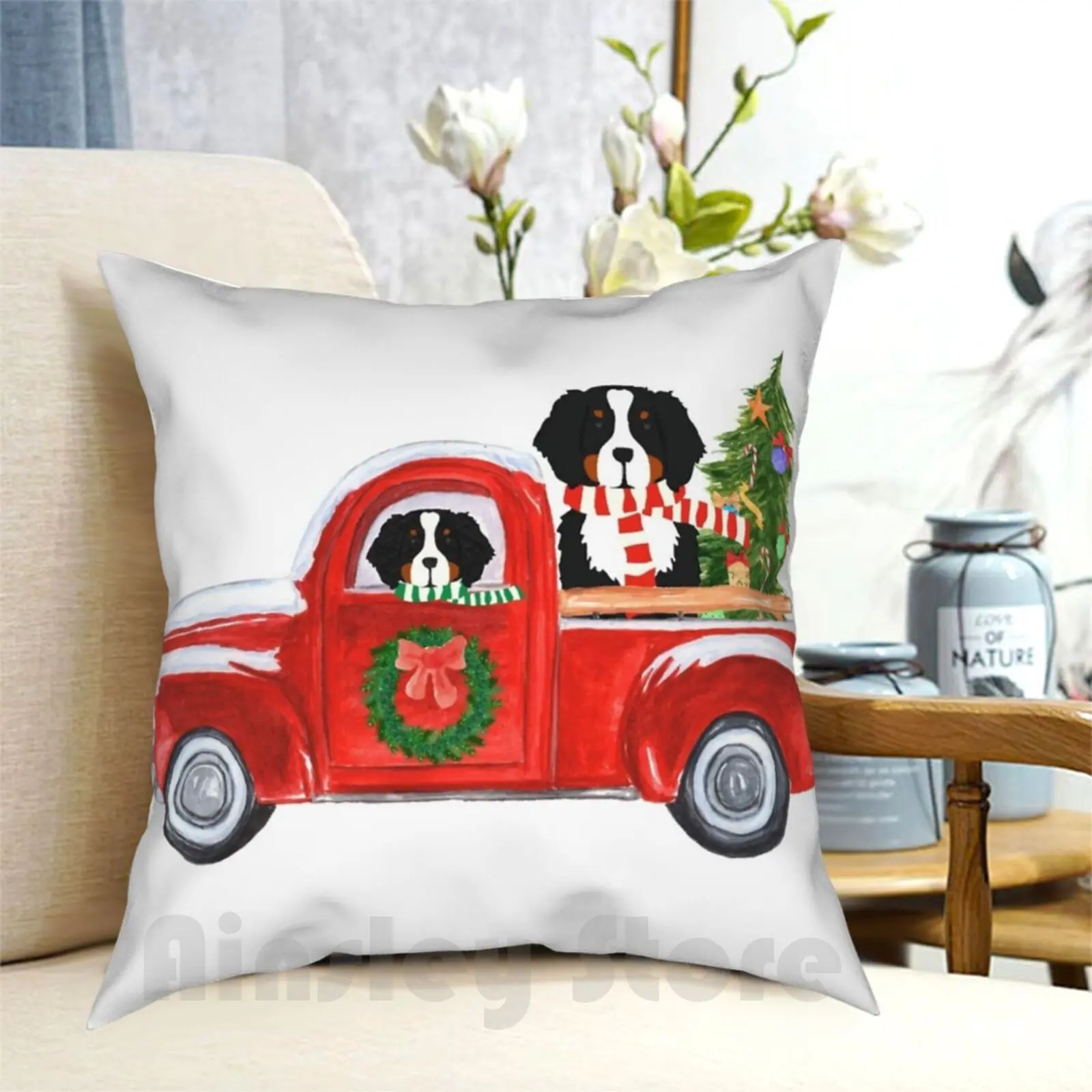 

Christmas Bernese Mountain Dog Red Truck Pillow Case Printed Home Soft DIY Pillow cover Christmas Dog Christmas Puppy Dogs