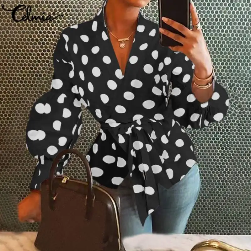 

Celmia Fashion Point Dot Shirts Women 2021 Autumn Sexy V-neck OL Wrap Tops Casual Elegant Lantern Sleeve Belted Blusas Femininas