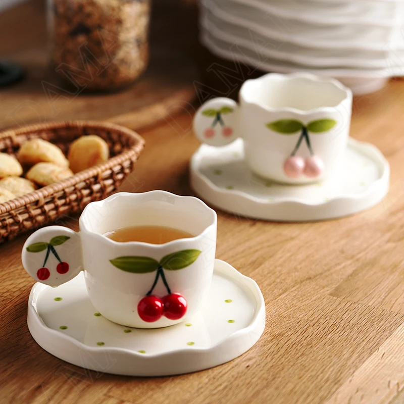 

European Ceramic Mug Office Desktop Creativity Modern Coffee Cup Hand Painted Cherry Relief Decorative Afternoon Tea Teacup Set