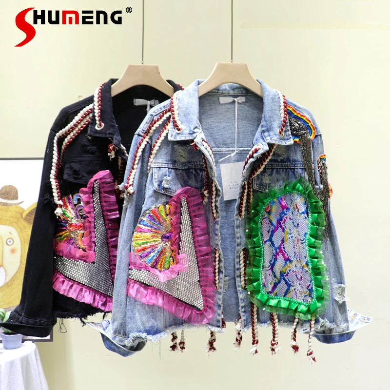 Короткая джинсовая куртка с вышивкой женская одежда оборками в стиле пэчворк