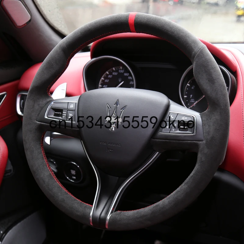 

For Maserati High Quality Hand-stitched Anti-Slip Black Suede Red Thread DIY Steering Wheel Cover Car Assessoires
