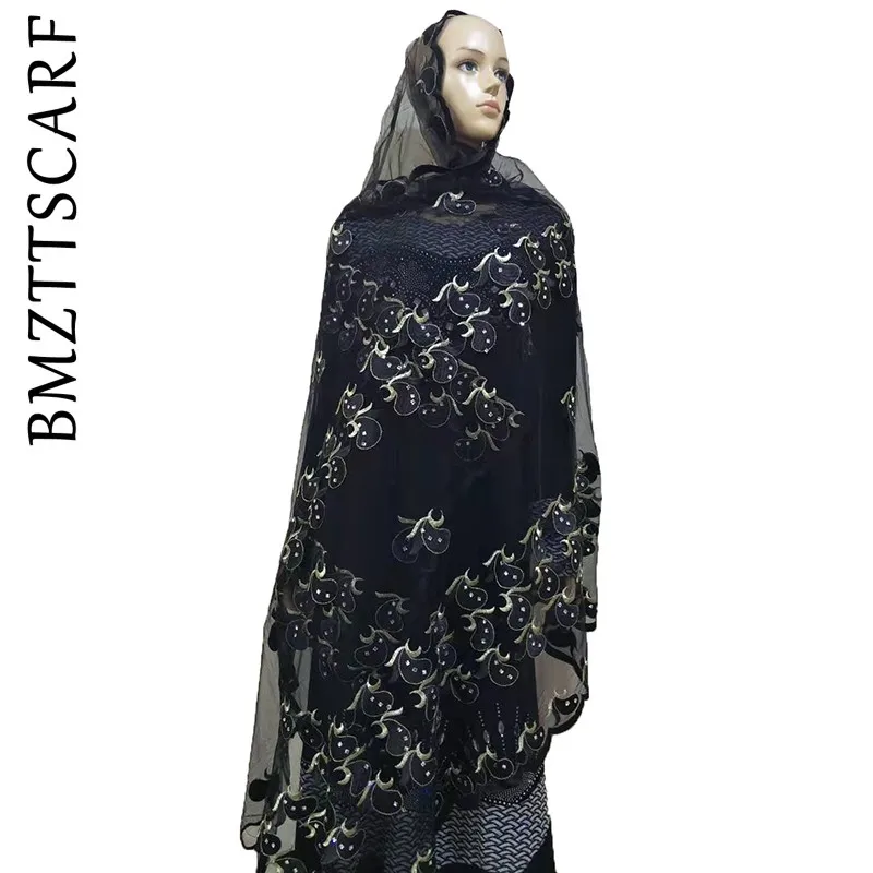 Color 16 African Women Scarf Good Quality Plain Embroidery with Stones Soft Net Scarf for Headscarf Wraps Pashmina BM805 - Цвет: Color 16