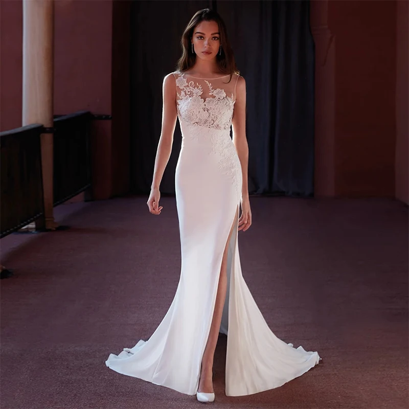

ChuYu 2021 Elegant Mermaid Side Slit Scoop-neck Appliqued Strain Bridal Gowns Long Illusion Wedding Dress Formal Occasion