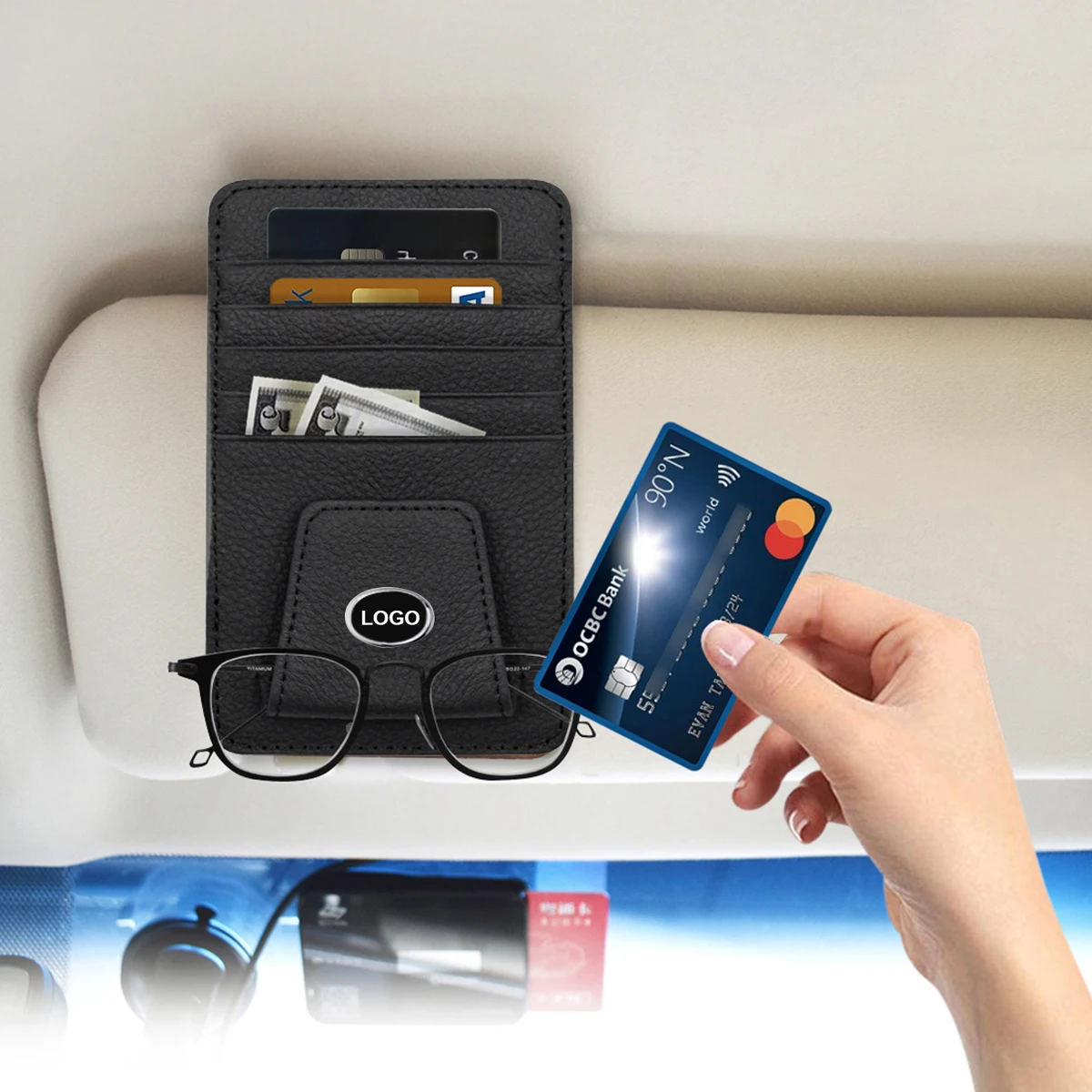 

Car Storage Bag Glasses Clip For Toyota Logo Leather Multifunctional Sun Visor Bill Business Card Holder Storage Box Accessories