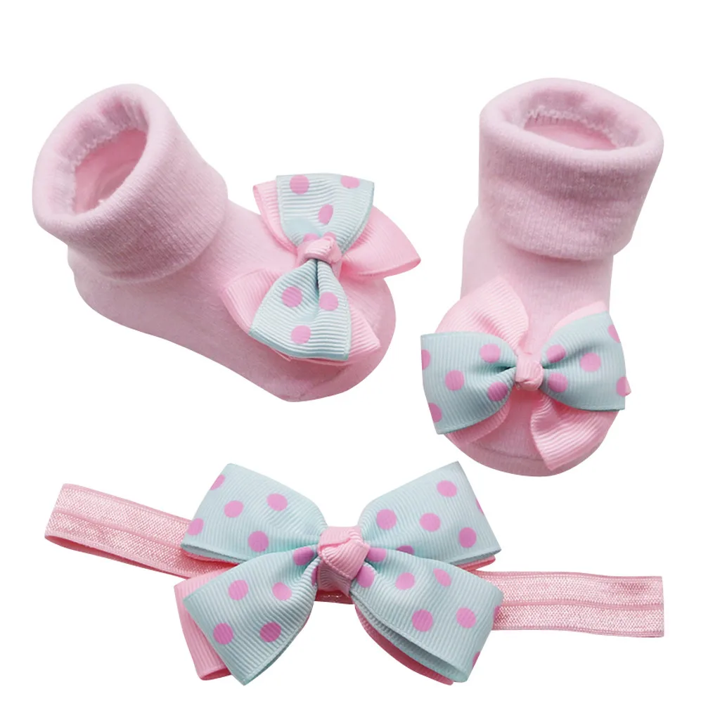 

Baby Infant Socks +1pc Hair Belt Toddler Girls Bow Wave Point Anti-slip Socks Newborn Baby Socks Active Baby Clothes Accessories