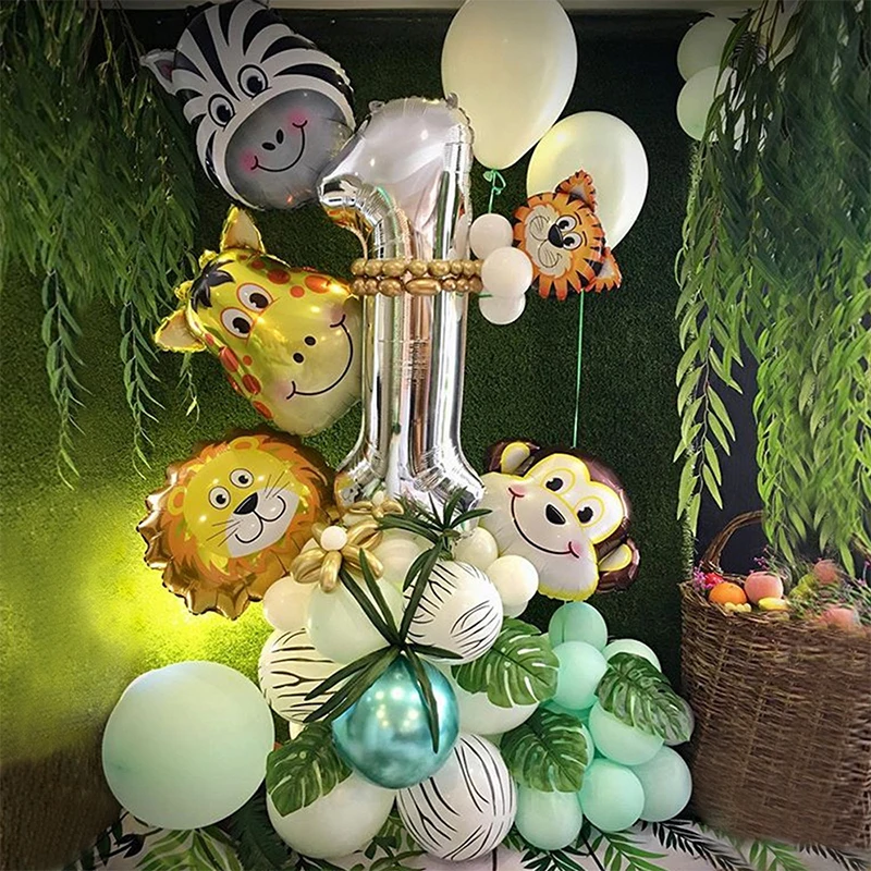 

48pcs Jungle Animal Balloons Set 1-9th Birthday Party Globlos Decor 32inch Number Ballons Wild Jungle Safari Theme Party Supplie