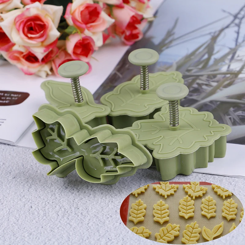 

4 pcs/set 4 Kinds Of Leaf Shape Plastic Cookie Cutters Set Pastry Cake Biscuit Mold Spring Plunger DIY Mold kitchen Baking Tools