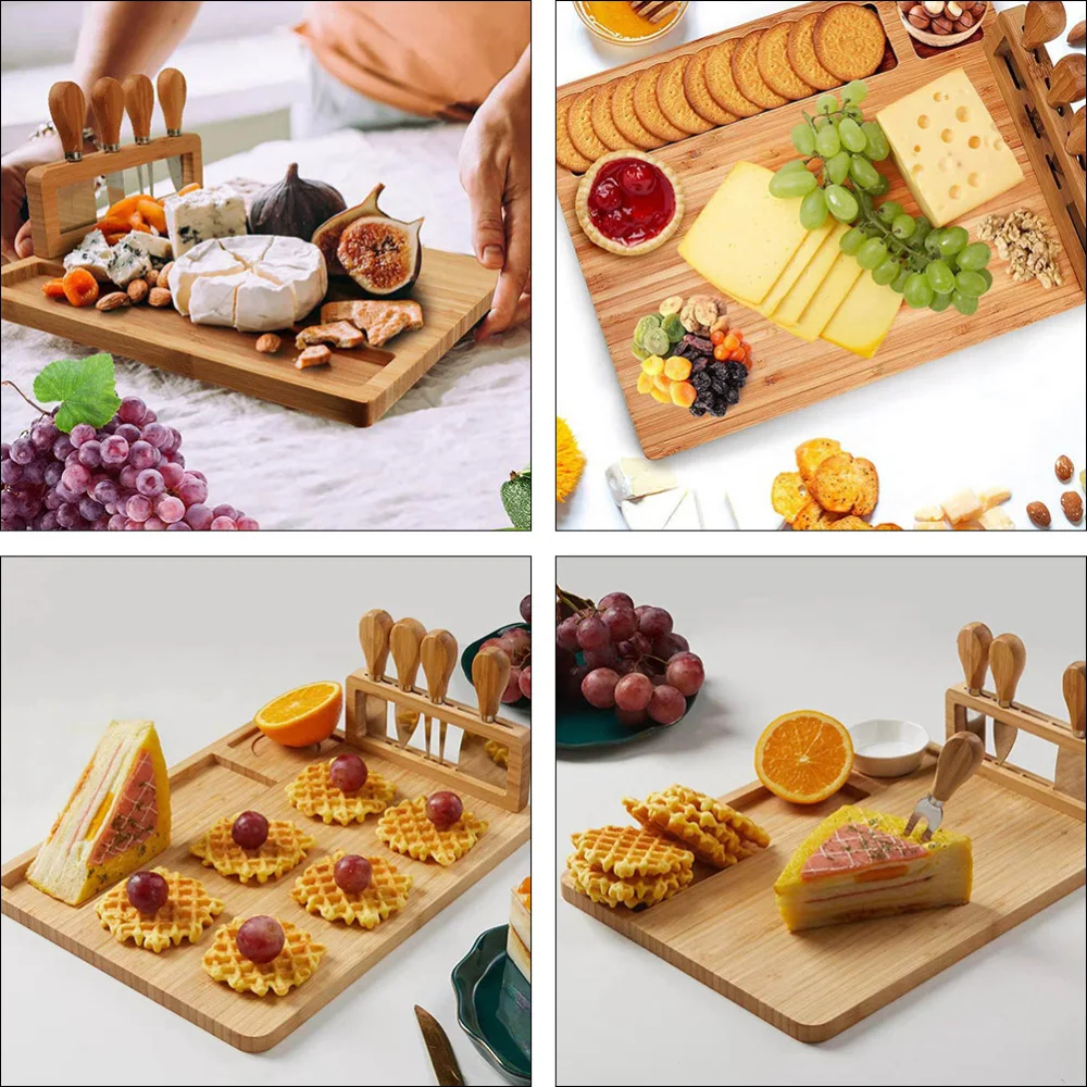 

1 Set Bamboo Cheese Board Cutting Board with Stainless Steel Knives (Khaki)