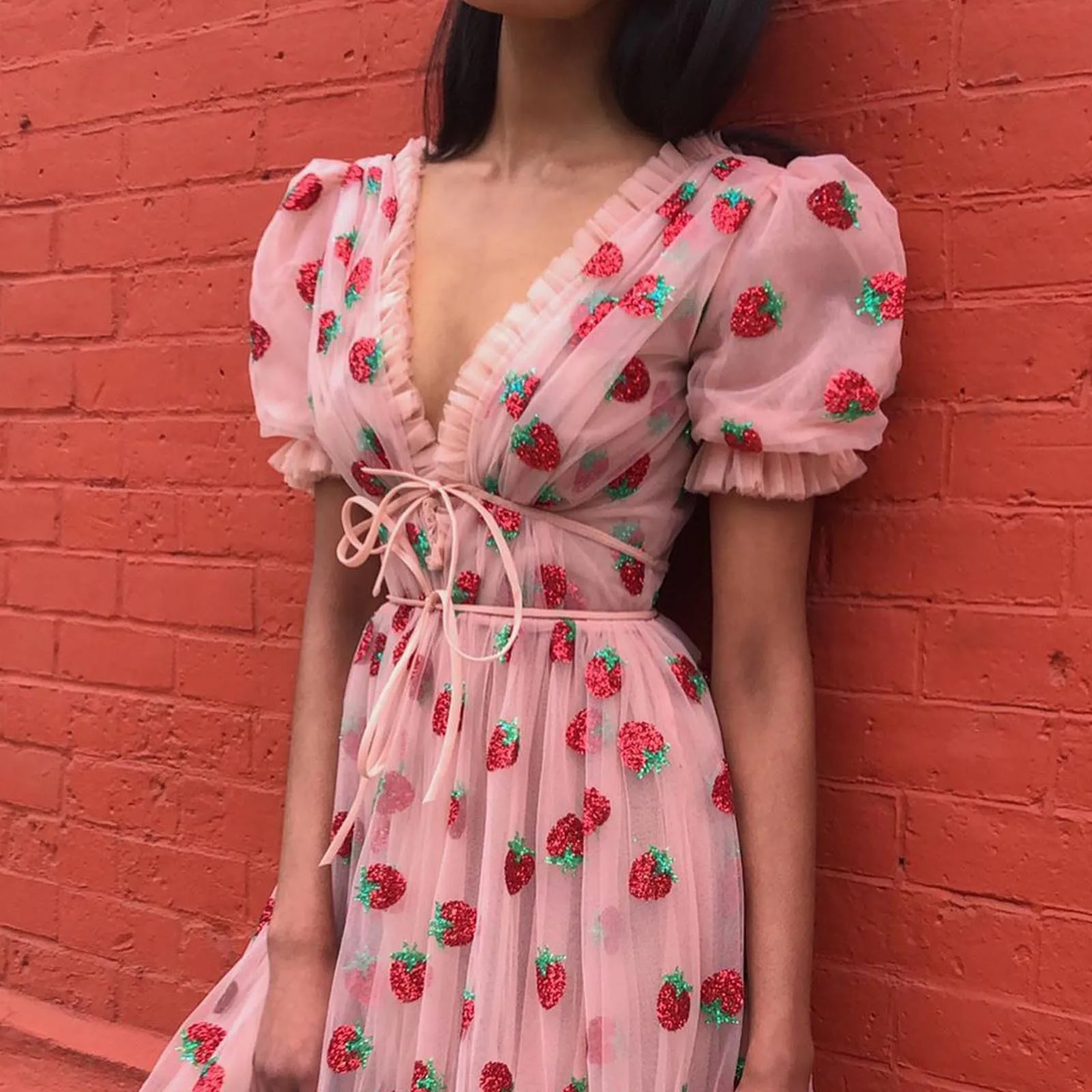 Женское платье с рукавами фонариками длинное Повседневное V образным вырезом и