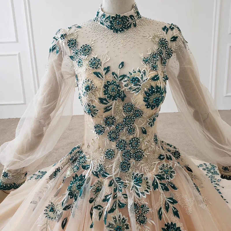 

HTL1134 elegant evening dress in turkey long sleeve high neck lace up back long dress evening gown muslim sukienki wieczorowe