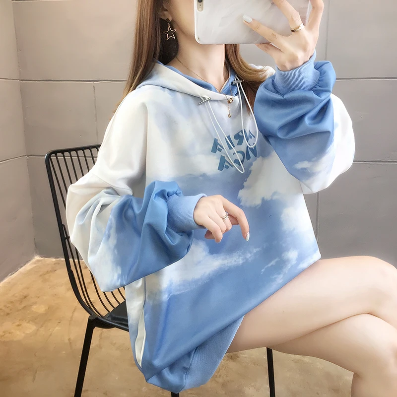 

2021 Hoodies Autumn Wear Mid-Length Hooded Sky Print Long-Sleeved Thin Sweater Women Casual Sweatshirt