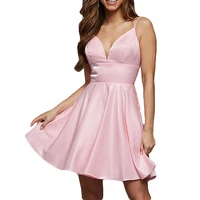 shining short junior dresses spaghetti strap sexy v neck pink cocktail dress backless mini homecoming gown vestidos juveniles
