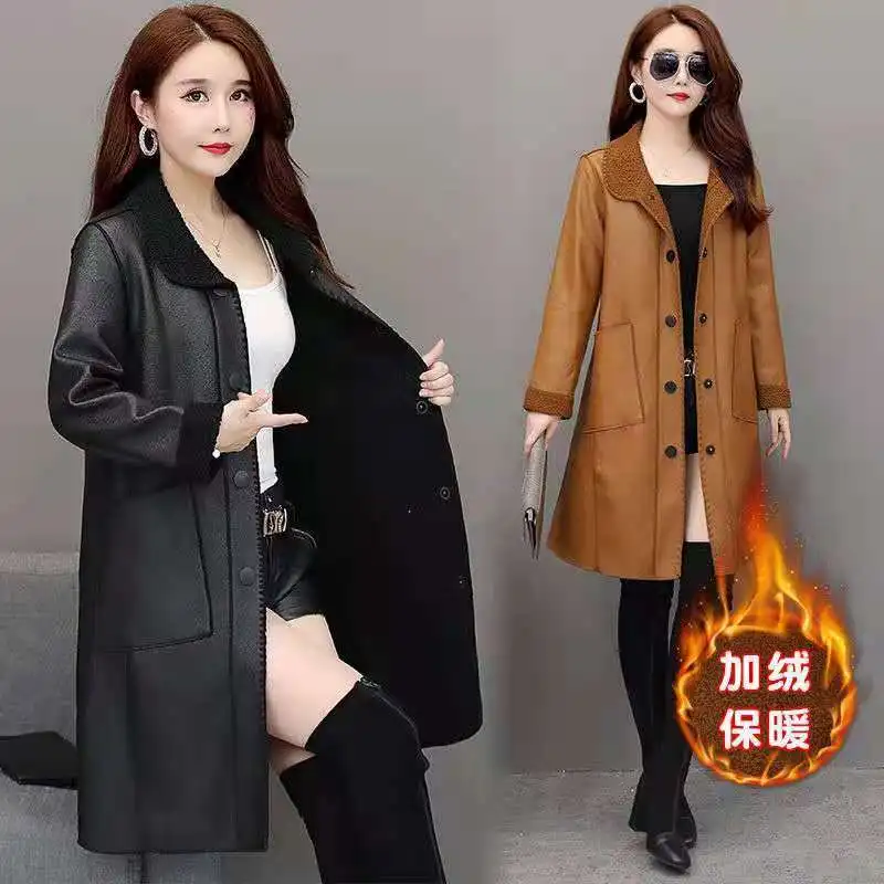 

Fleece Thick Leather Mid-Length Jacket Women 2021 Autumn And Winter Korean Fashion Loose Plus Fleece Thick Windbreaker