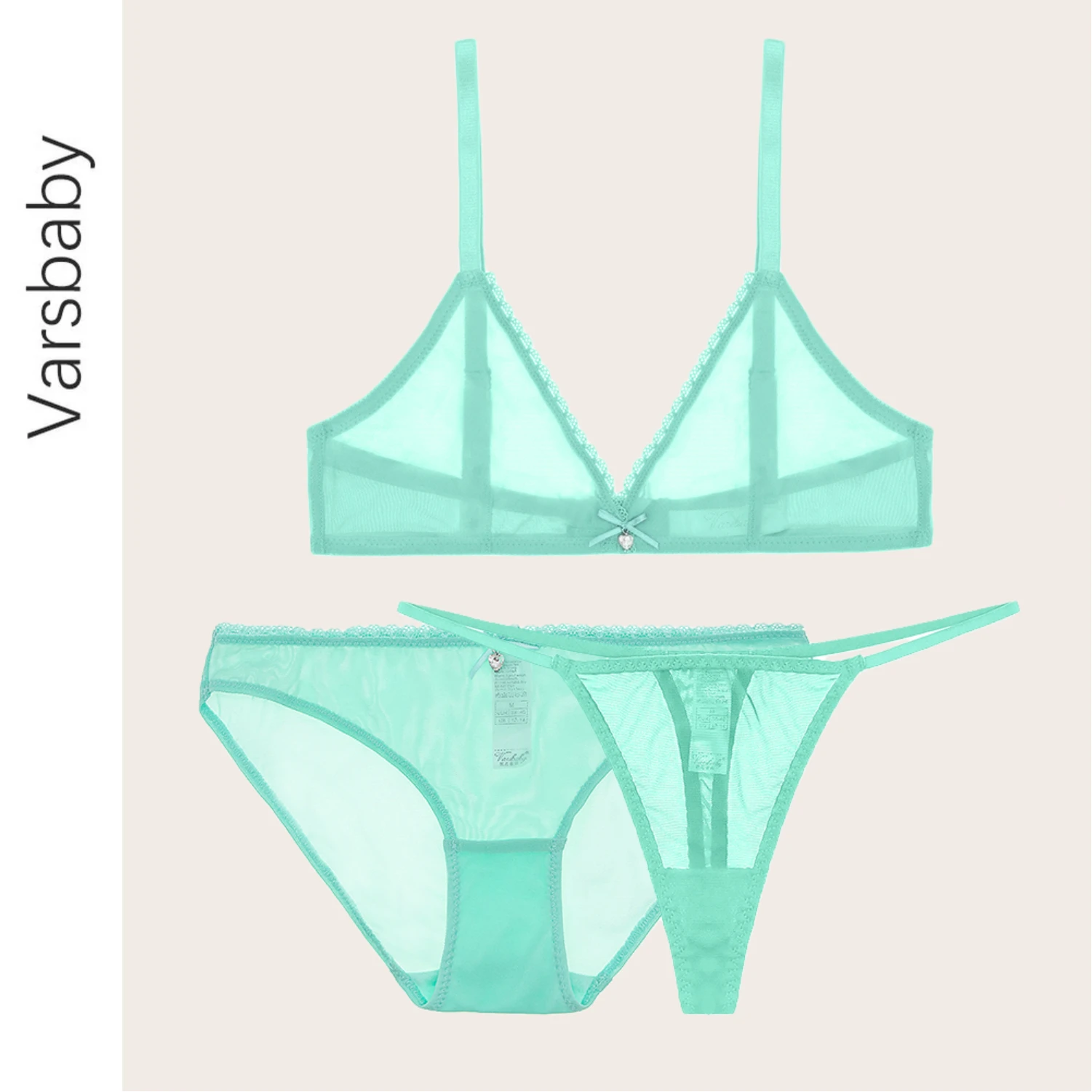 

Varsbaby sexy lace women lingerie 3 pcs bras+panties +thongs unlined underwear transparent thin lace half cup bra set