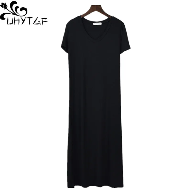

UHYTGF Summer Dress Women Vestidos Verano Short Sleeve V Collar Casual Dress Solid Color Pullover Dresses Ladies Dresses 85