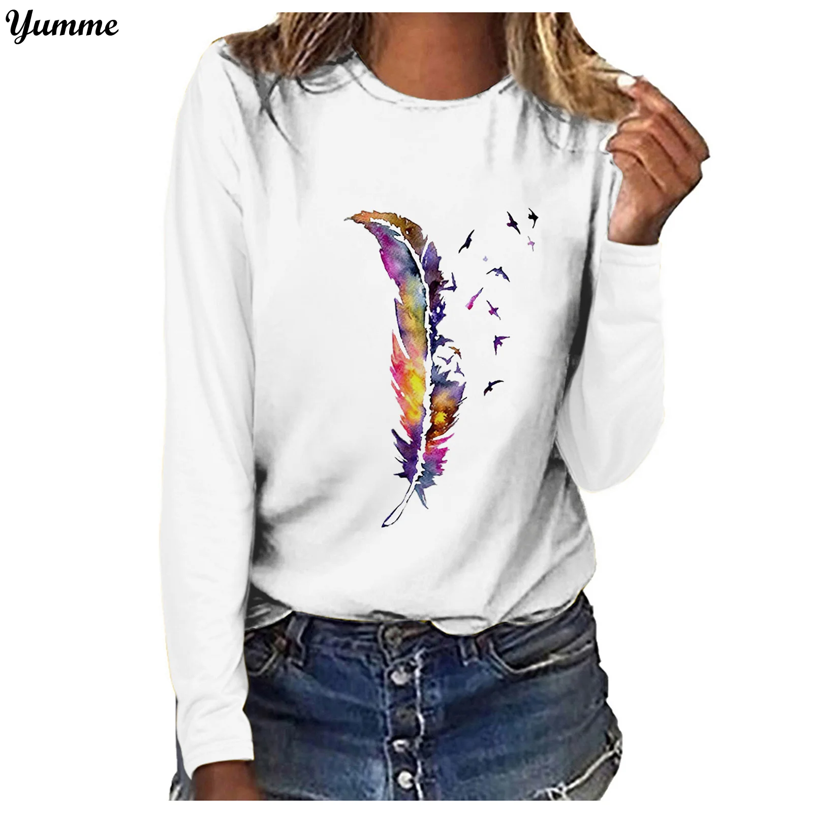 Женская футболка с графическим принтом перьев Модная хлопковая одежда длинным