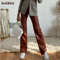 instahot vintage high waist button pocket straight loose legs womens trousers 2020 autumn pu faux leather elegant female pants