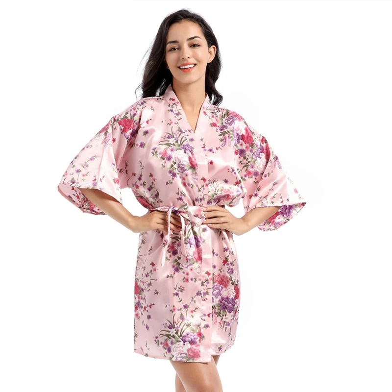 

Summer Satin Women Print Kimono Bathrobe Bridesmaid Wedding Nightrobe Dress Gown Sexy Fashion Flower Short Sleepwear Nightgown