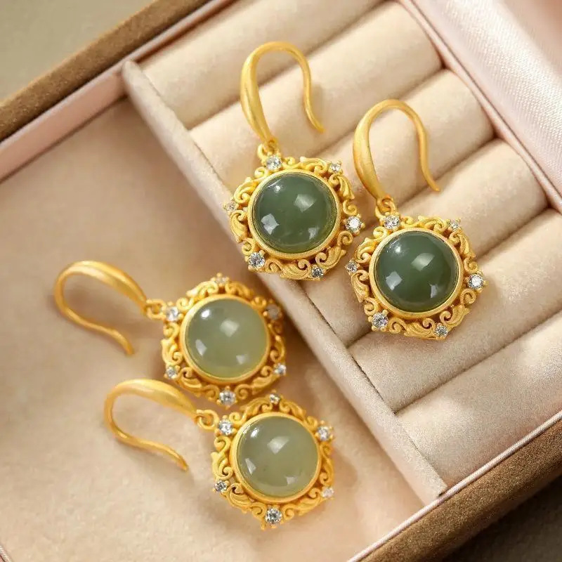 

Hengqiao S925 Sterling Silver Gold Hetian Jade Gray Jade Simple European and American Style Elegant Zircon Embellished Women's E