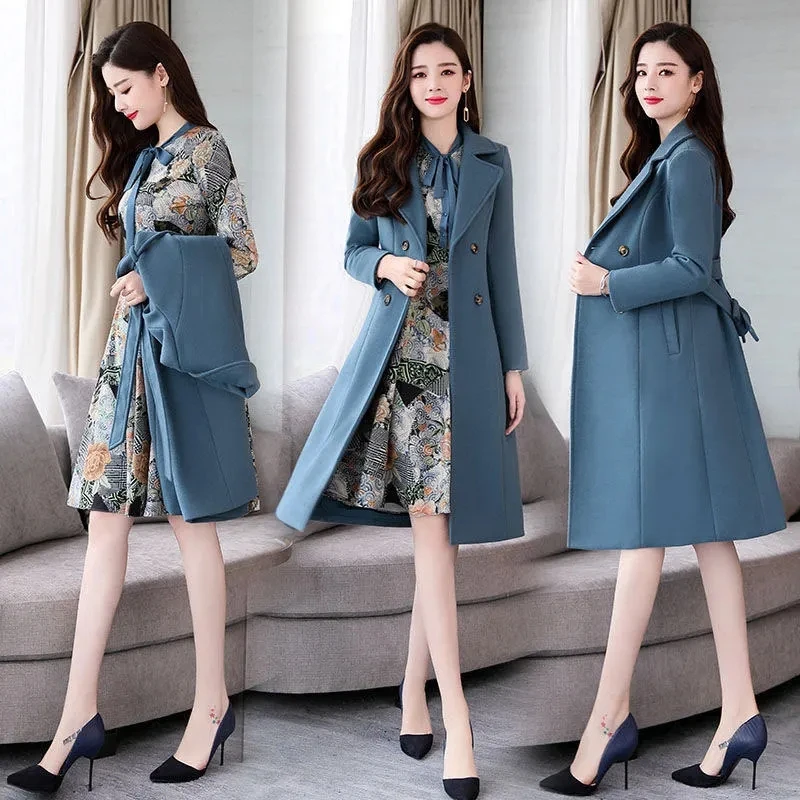 Элегантный шерстяной Тренч средней длины + платья с принтом женская одежда из 2