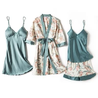 satin women pajamas sleepwear 3 in 1 set with floral print nightgown breast padded top and shorts nightdress ladies home wear