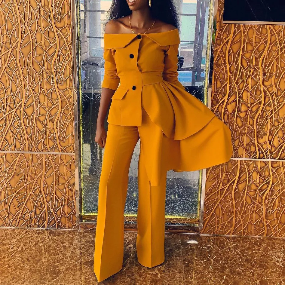 

Брючный костюм для женщин, деловой желтый женский пиджак и брюки, Новое поступление 2021, Привлекательный комплект из 2 предметов для офиса дл...
