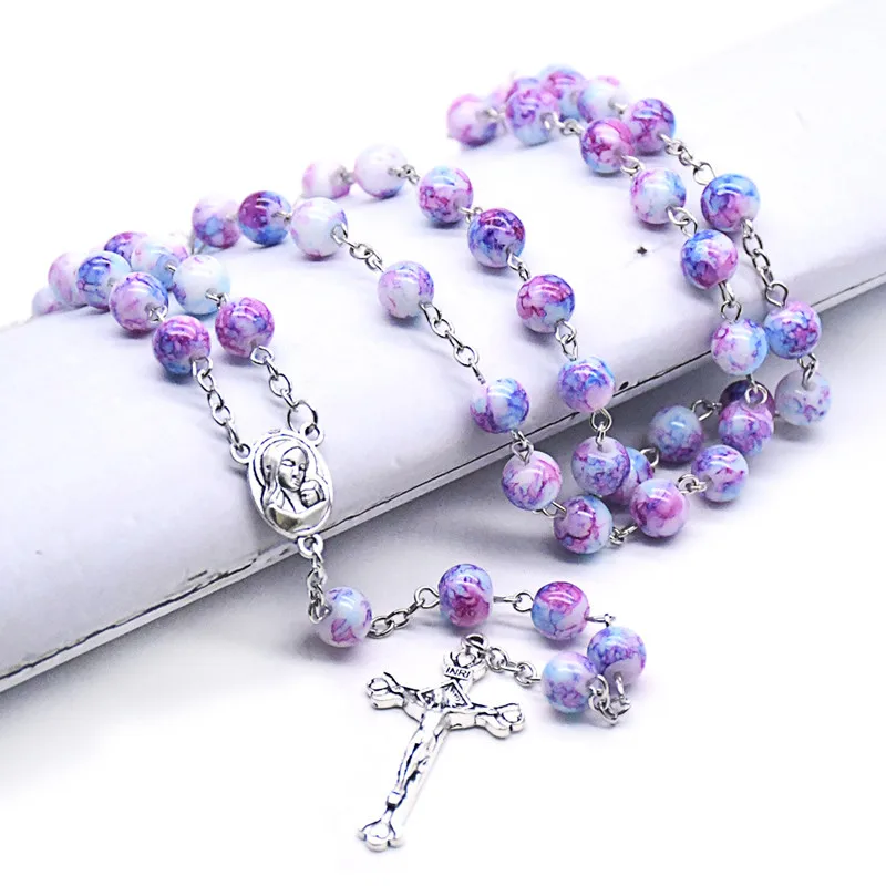

New Handmade 8MM Round Rosary Necklace Cross Pendant Christian Catholic Virgin Glass Chains Beads Jewelry Religious Accessories