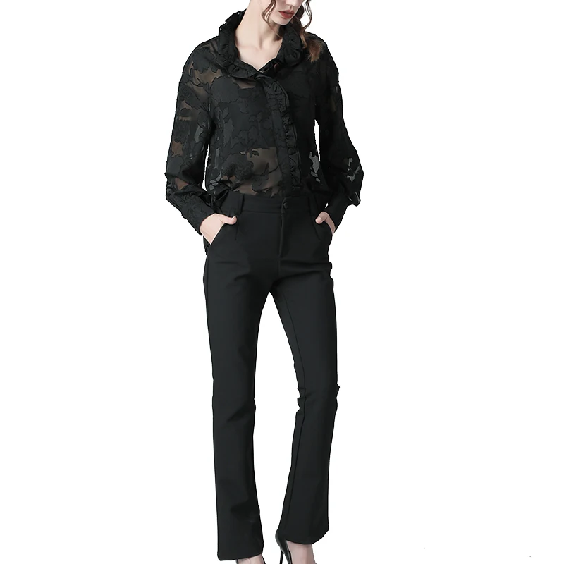 

Ladies Blouses Sexy See through Embroidery Floral Chiffon Shirts With Bra Square Neck Long Sleeve Loose Plus Size Ruffles Tops