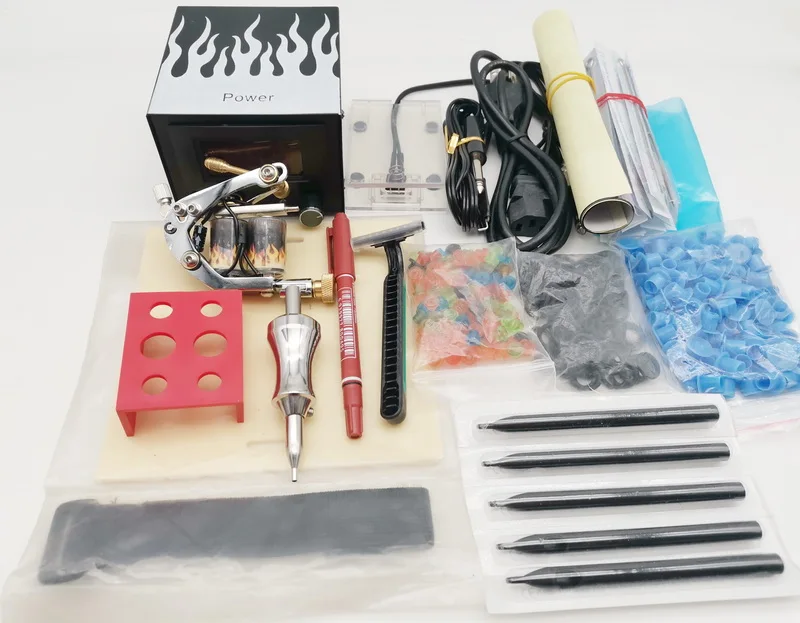 

Tattoo Guns Kits 1Pc Professional Handmade Tattoo Machin Guns With Practice Skin Thermal Paper Grips Tips Needles Ink Cups KT21