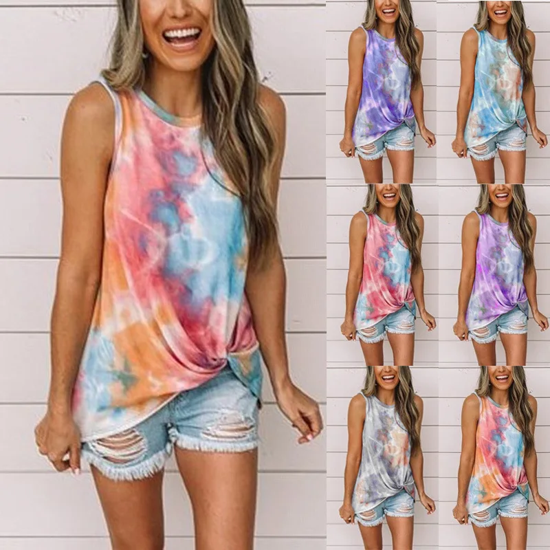 

5XL 2020 Summer New Fashion Womens O Neck Tie-dye Kink Printing Sexy Tops Casual Sleeveless T-shirts Plus Size Loose Female Tops