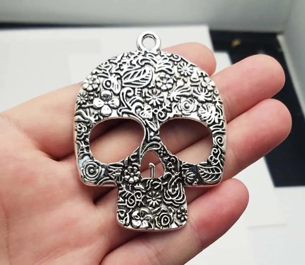 

2 шт./лот-66x49 мм посеребренные подвески в виде черепа, цветка, головы, скелета, Хэллоуин, подвески «сделай сам», ювелирные аксессуары