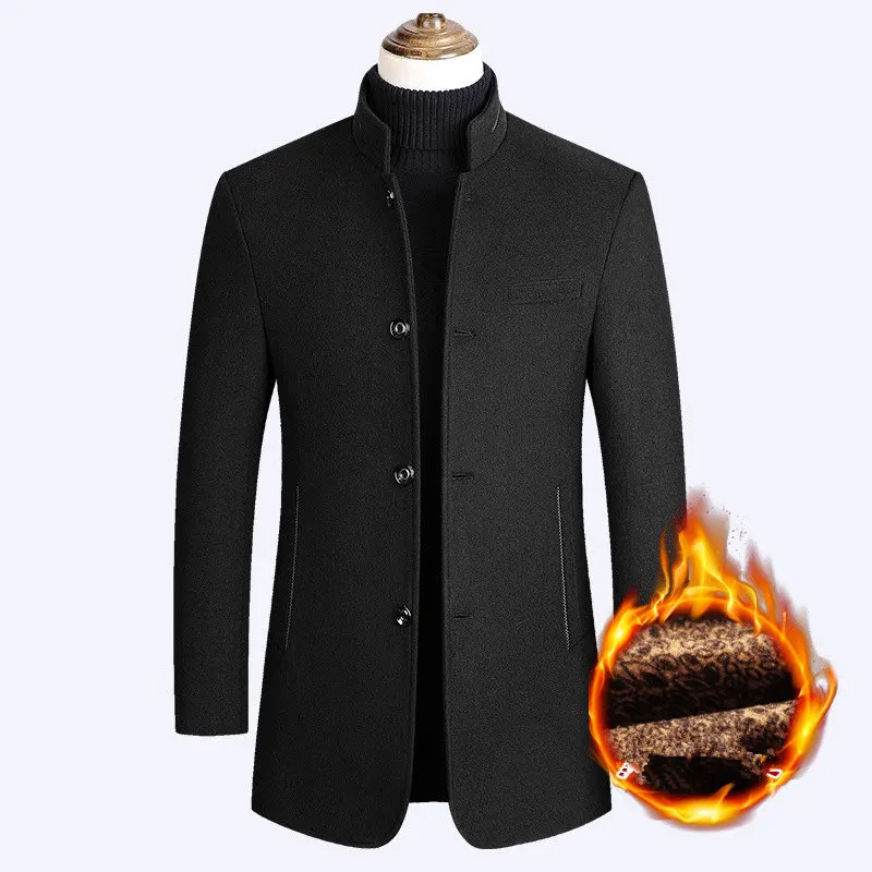 Men's Long Warm Fleece Lined Coat Wool Blends High Quality Single Breasted Trench for Men Autumn Winter Jacket |