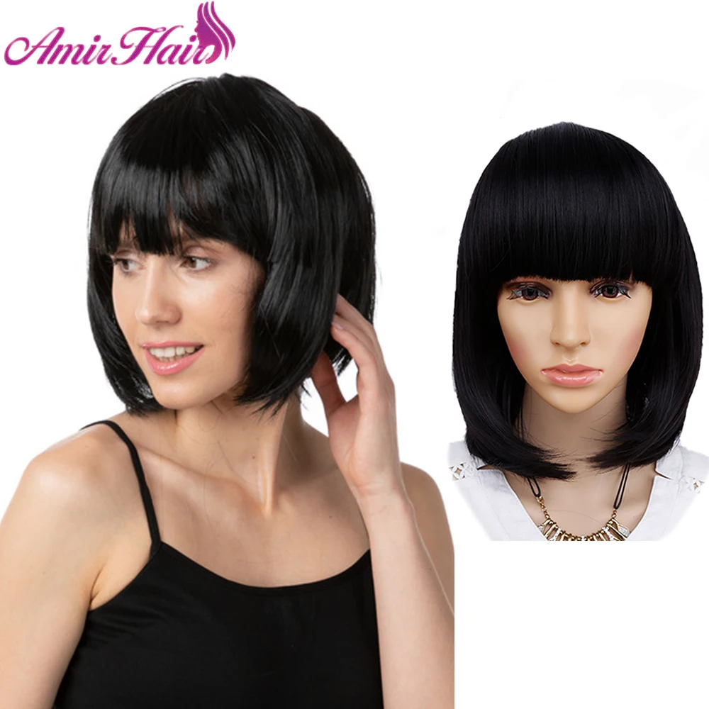 

Amir Synthetic 10inch Straight Short Bob Wigs Pink And Green Rose Red Purple Blue Natural Black Daily Use Cosplay Wig