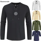 Средневековые пиратские Топы викингов, рубашка, Мужская Скандинавская Ретро футболка, мужская туника со шнуровкой и вышивкой для взрослых