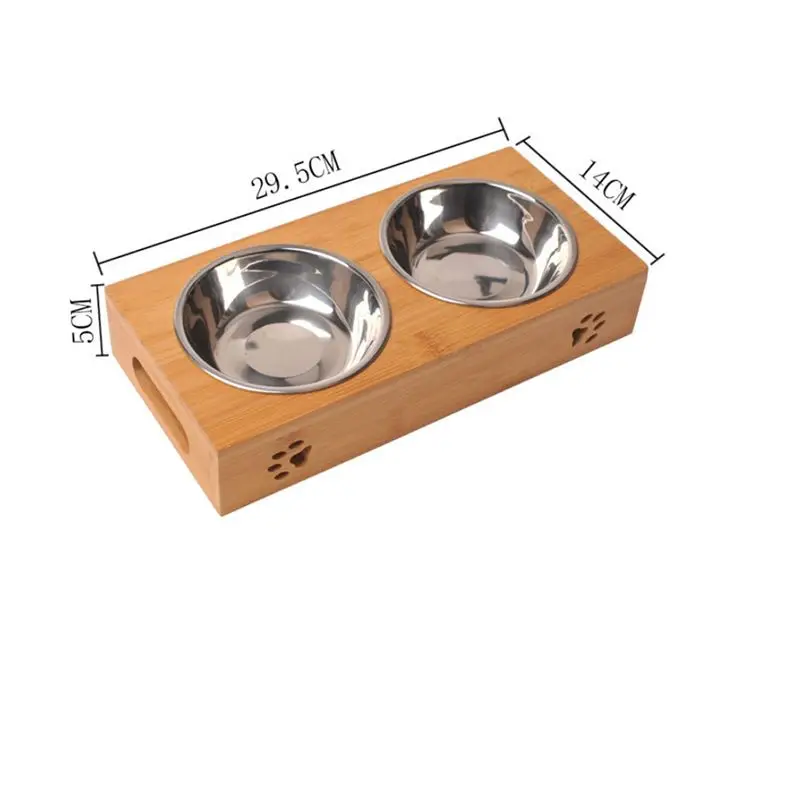 

Cat Dish Rack Solid Wooden Pet Bowl Wooden Tableware Wear Durable Stainless Steel Dog Bowl