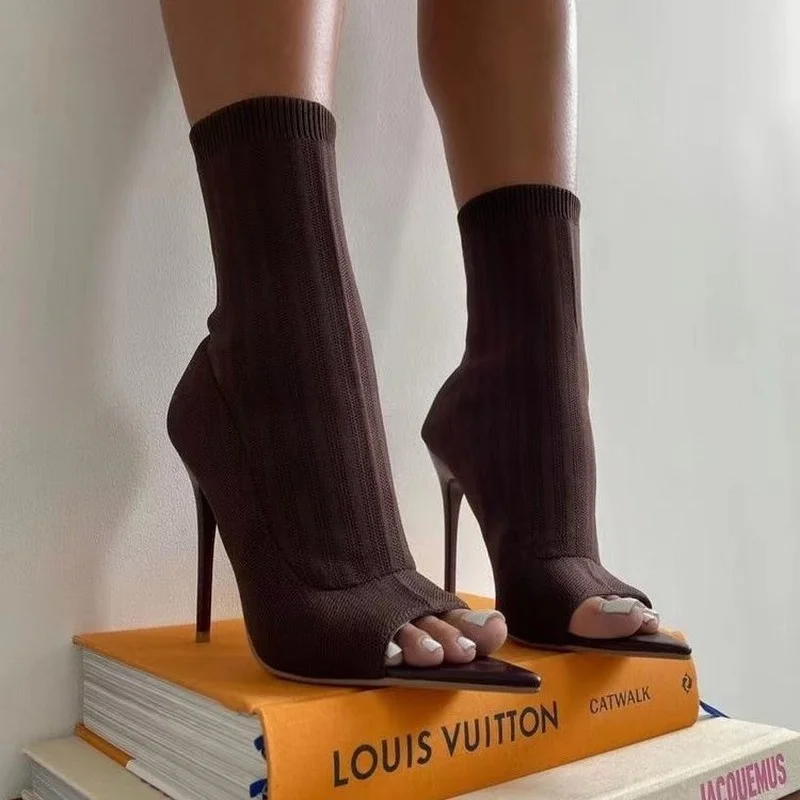 

2021 Women's High Heels Fashion Knitted Stiletto High Heels Pointed Toe High Heels Comfortable Casual Shoes Open Toe High Heels