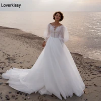 loverkissy classic v neck puffy sleeve prom dresses organza lace appliqued beach bridal gowns illusion back wedding party dress