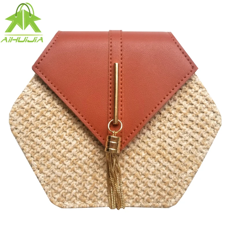 

2020 Hexagon Mulit Style Straw+leather Handbag Women Summer Rattan Bag Handmade Woven Beach Circle Bohemia Shoulder Bag