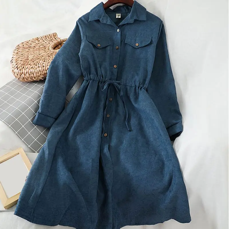 Женское вельветовое платье Mori Girl зимнее однотонное платье-рубашка с отложным
