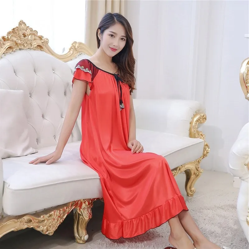 Plus Size 5XL Women Satin Lace Long Sleepwear Ladies Sexy Lingerie Sleep Dress Home Nightdress Nightgown Sleepshirts Homewear