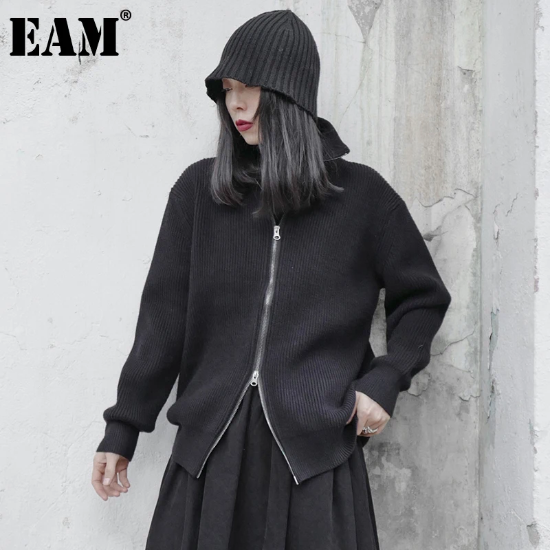 

[EAM] Black Big Size Knitting Cardigan Sweater Loose Fit Turtleneck Long Sleeve Women New Fashion Autumn Winter 2022 1DE4805