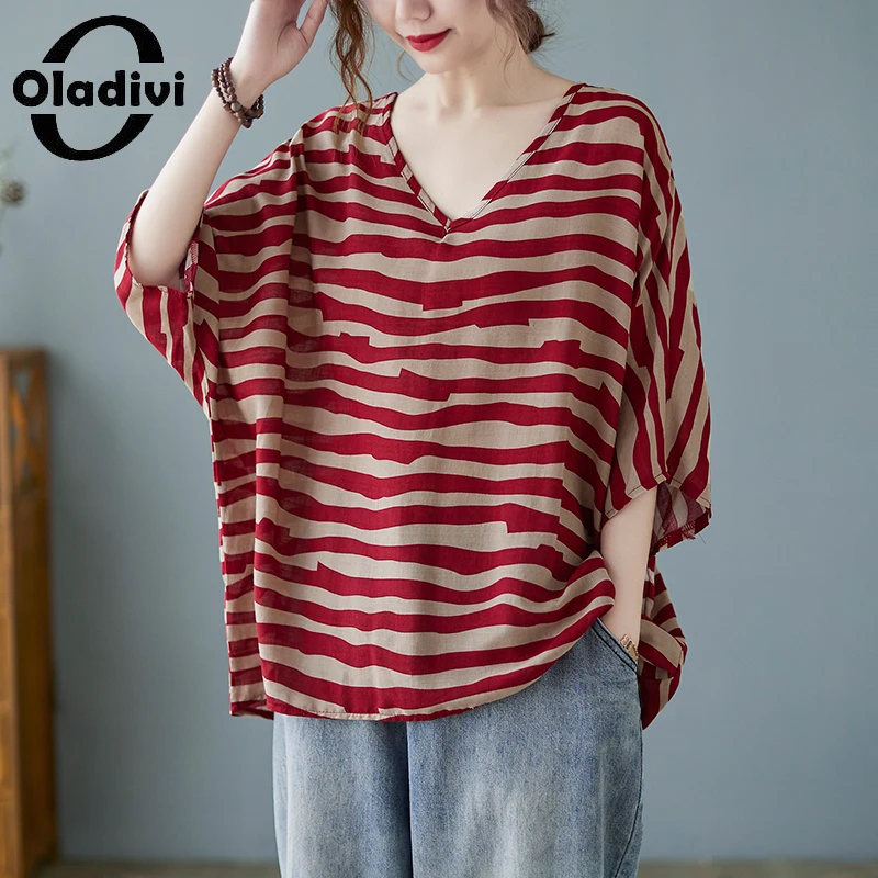 

Oladivi, одежда большого размера, Модные Полосатые повседневные свободные блузки из хлопка и льна, женские летние тонкие крутые рубашки, Женски...