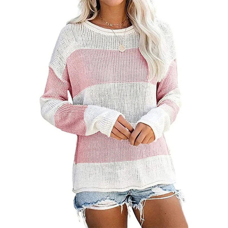 

Loose Knitted Sweater Casual 2020 Autumn Winter Color Block Striped Sweaters Women Jumpers Woman Long Sleeve Pullovers Sweaters