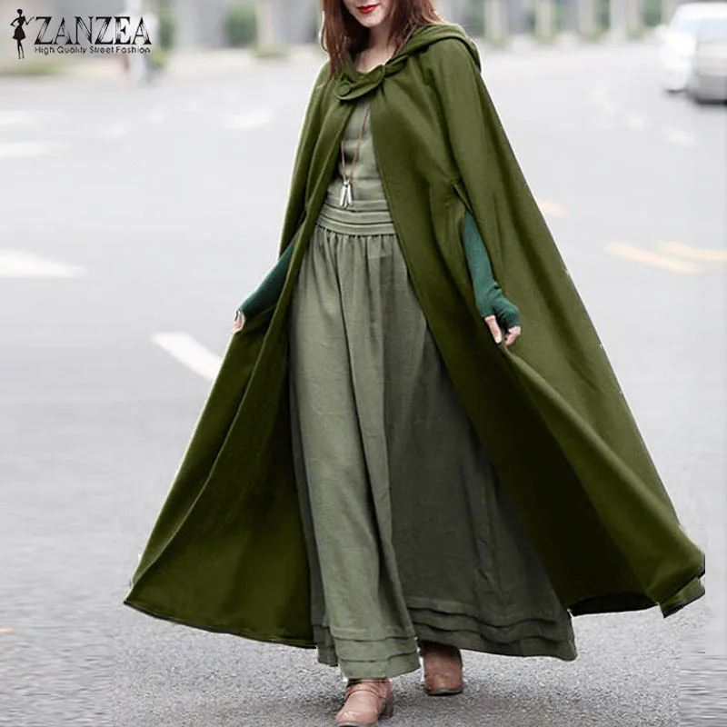 ZANZEA Women Stylish Long Cape Cloak Hooded Wool Blend Cloak Coat Autumn Hoodies Poncho Warm Cosplay Jackets Outwear Windbreaker
