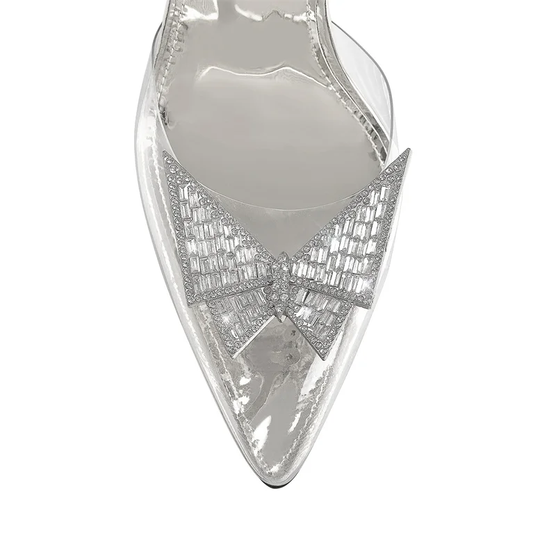 Richealdiana – escarpins à bout pointu en métal Transparent, escarpins à talons aiguilles, en PVC, avec fermoir papillon, chaussures de décoration en métal